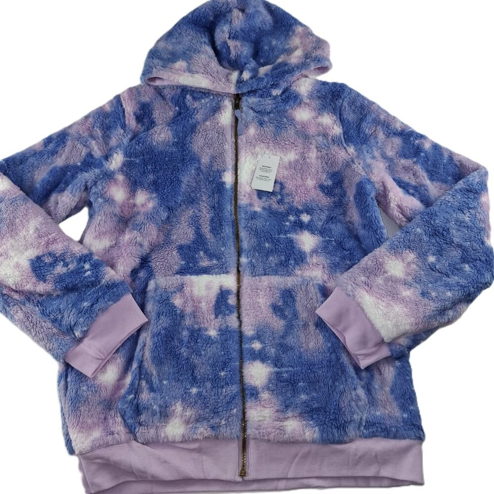 Lands' End Reversible High Pile Fleece Hoodie Kids Size XXL Purple Tie Dye